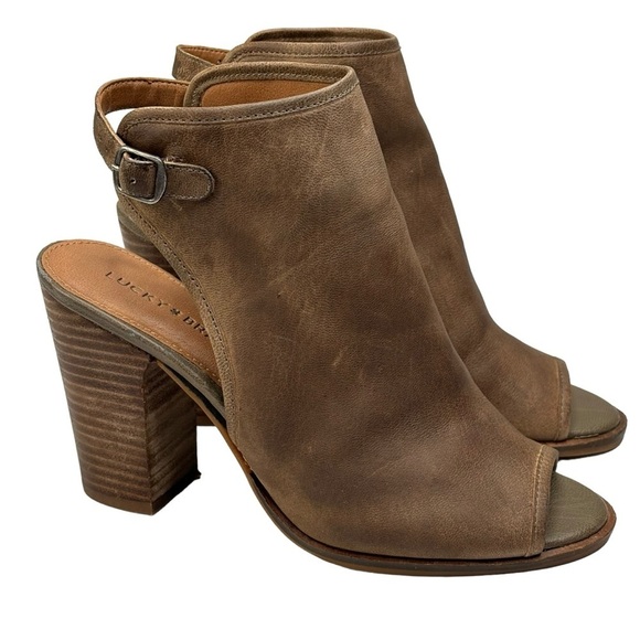 Lucky Brand Choco Brown Open Toe Ankle Strap Sandal Bootie Size 8 Block 4” Heels - Picture 6 of 13
